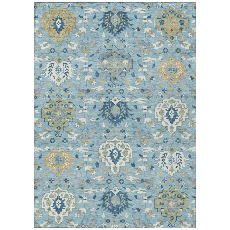 5' X 8' Sky Blue Ivory And Gold Damask Washable Indoor Outdoor Area Rug