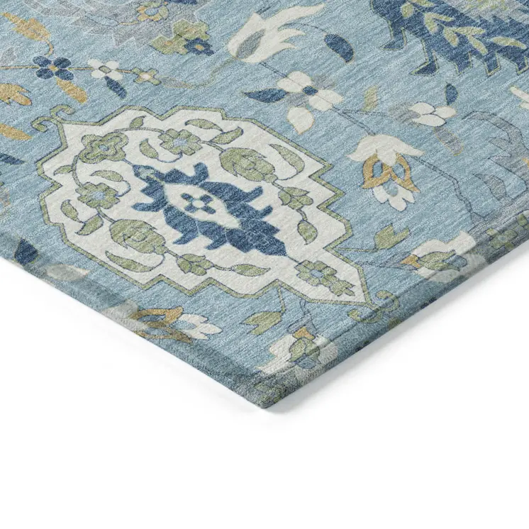 5' X 8' Sky Blue Ivory And Gold Damask Washable Indoor Outdoor Area Rug