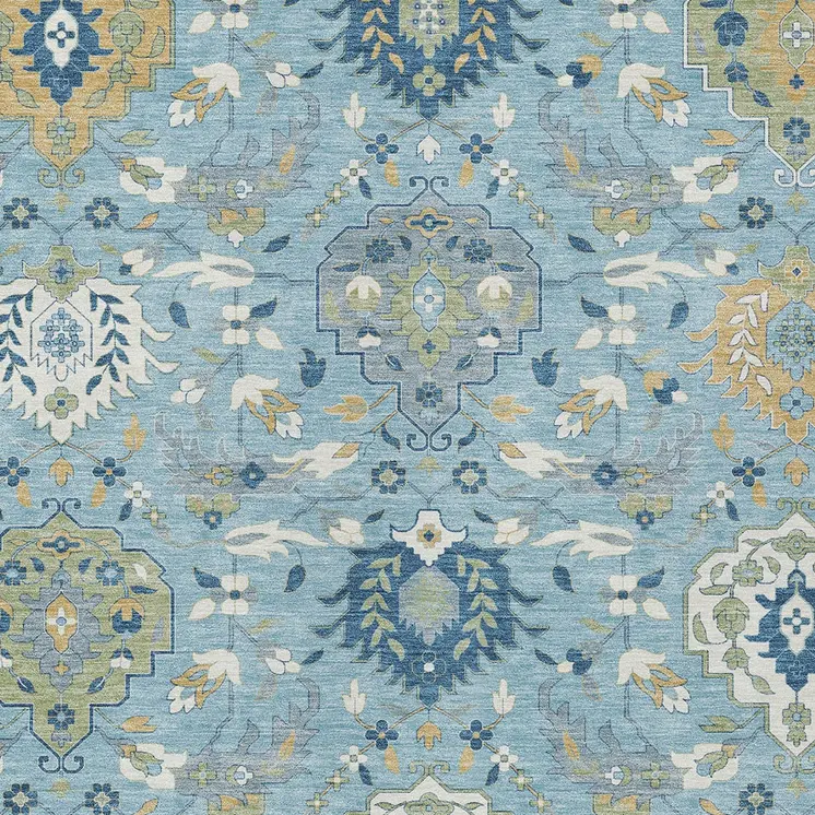 5' X 8' Sky Blue Ivory And Gold Damask Washable Indoor Outdoor Area Rug