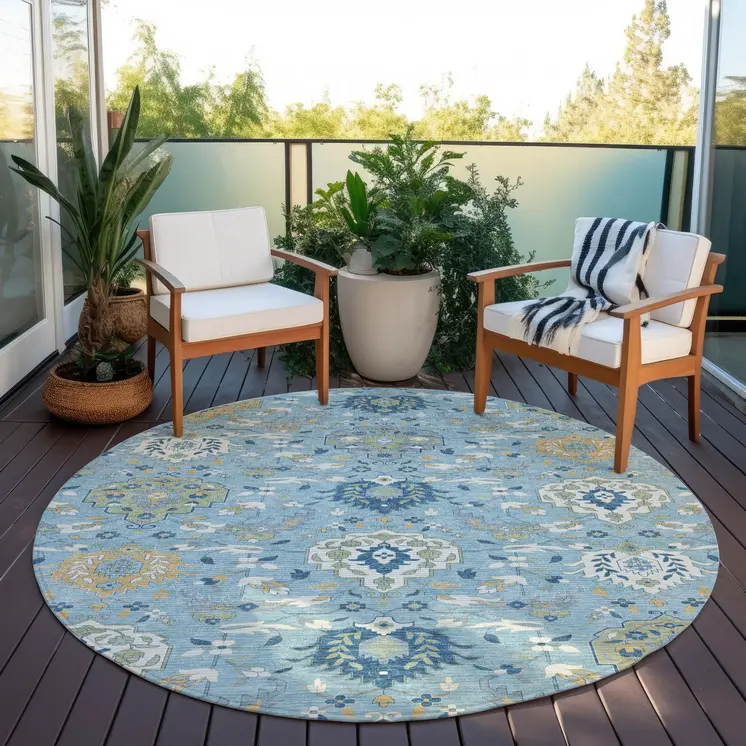 8' Sky Blue Ivory And Gold Round Damask Washable Indoor Outdoor Area Rug