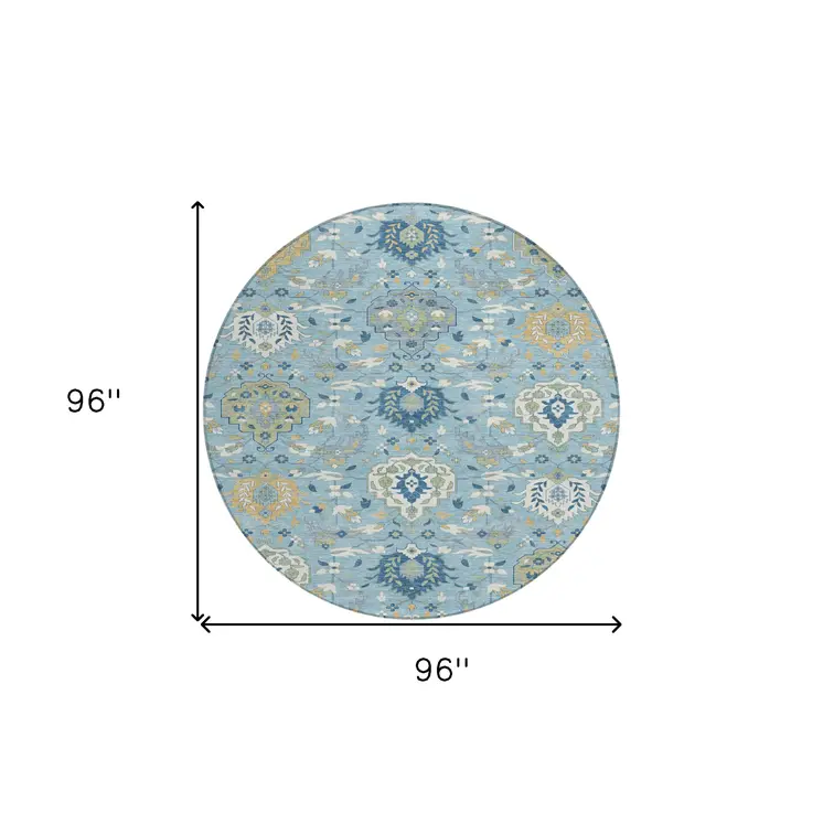 8' Sky Blue Ivory And Gold Round Damask Washable Indoor Outdoor Area Rug