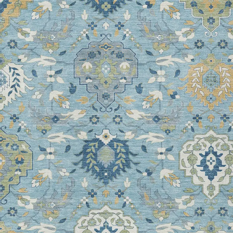9' X 12' Sky Blue Ivory And Gold Damask Washable Indoor Outdoor Area Rug