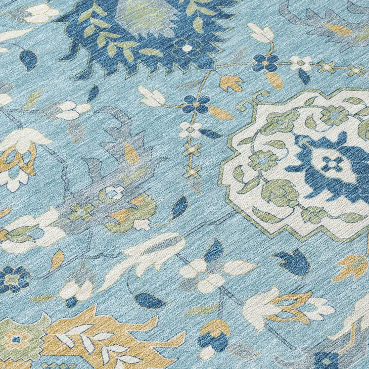 9' X 12' Sky Blue Ivory And Gold Damask Washable Indoor Outdoor Area Rug