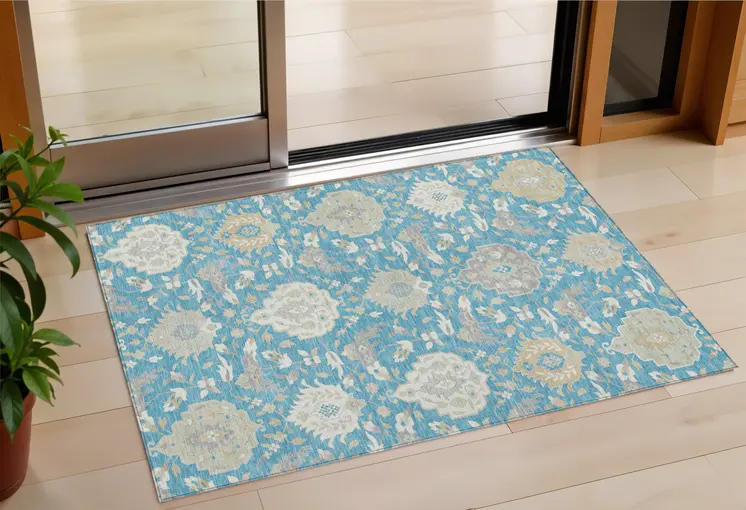 3' X 5' Teal Blue Gray And Ivory Damask Washable Indoor Outdoor Area Rug