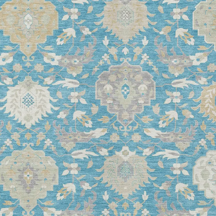 3' X 5' Teal Blue Gray And Ivory Damask Washable Indoor Outdoor Area Rug