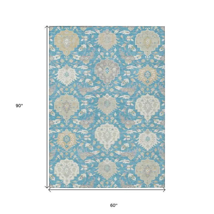 5' X 8' Teal Blue Gray And Ivory Damask Washable Indoor Outdoor Area Rug