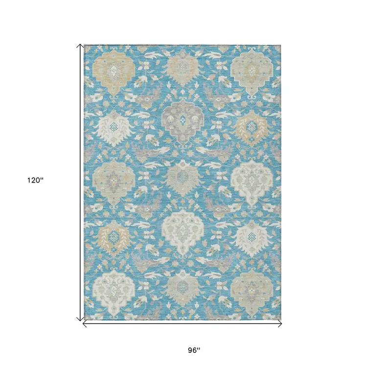 8' X 10' Teal Blue Gray And Ivory Damask Washable Indoor Outdoor Area Rug