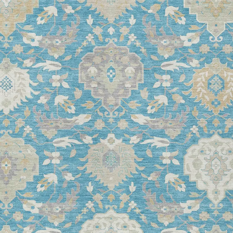 8' X 10' Teal Blue Gray And Ivory Damask Washable Indoor Outdoor Area Rug