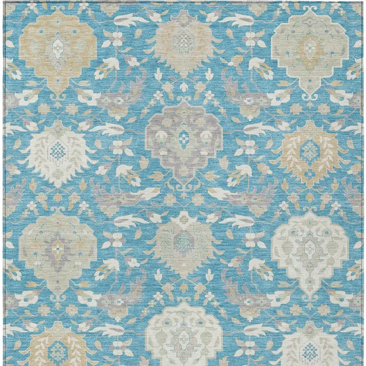 9' X 12' Teal Blue Gray And Ivory Damask Washable Indoor Outdoor Area Rug