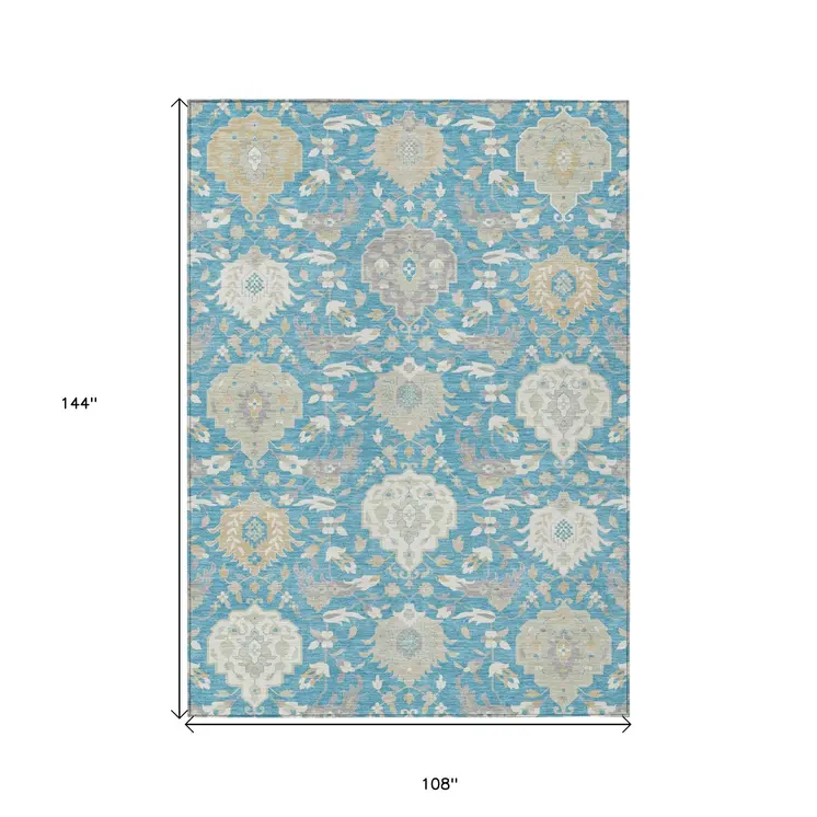 9' X 12' Teal Blue Gray And Ivory Damask Washable Indoor Outdoor Area Rug