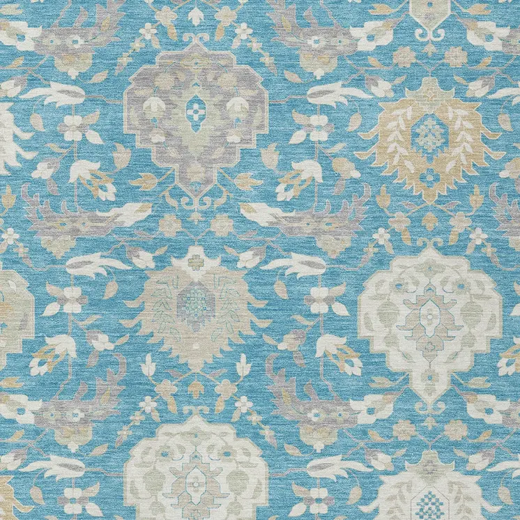 9' X 12' Teal Blue Gray And Ivory Damask Washable Indoor Outdoor Area Rug
