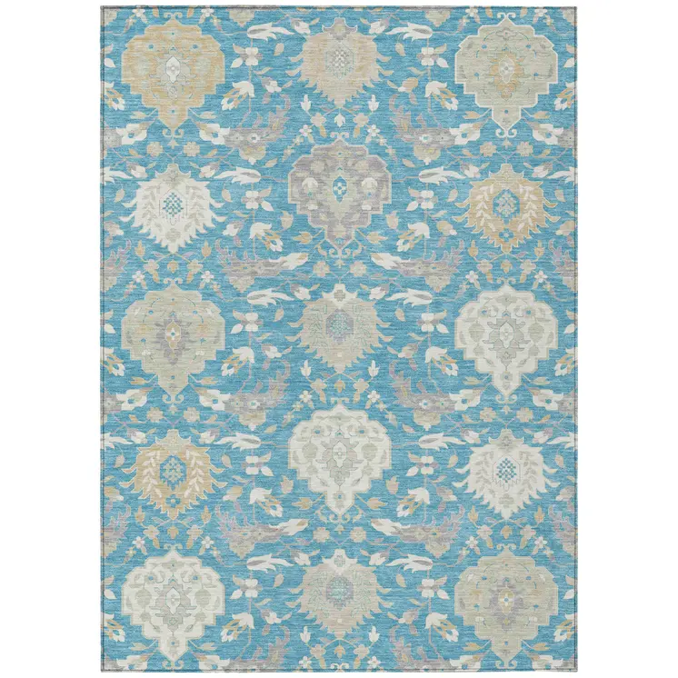 10' X 14' Teal Blue Gray And Ivory Damask Washable Indoor Outdoor Area Rug
