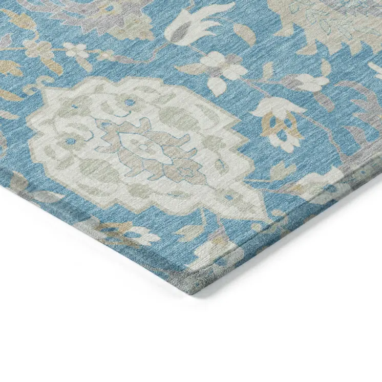 10' X 14' Teal Blue Gray And Ivory Damask Washable Indoor Outdoor Area Rug