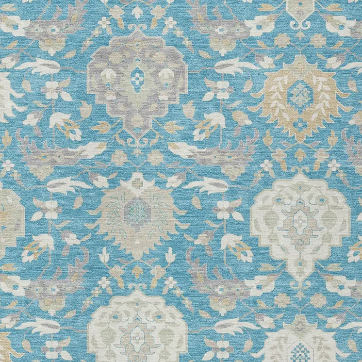 10' X 14' Teal Blue Gray And Ivory Damask Washable Indoor Outdoor Area Rug