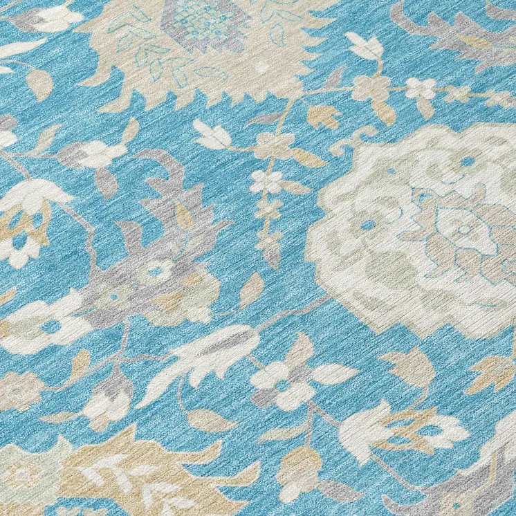 10' X 14' Teal Blue Gray And Ivory Damask Washable Indoor Outdoor Area Rug