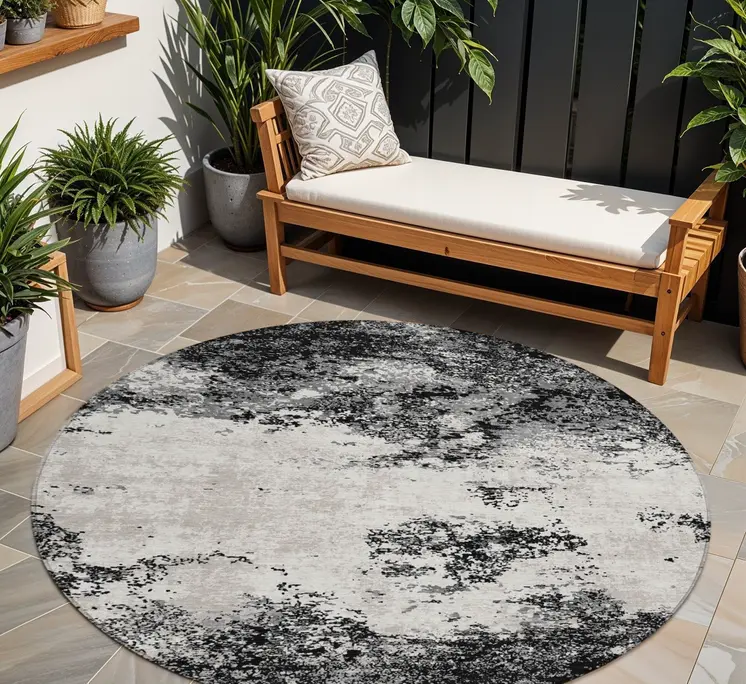 8' Black Gray And Ivory Round Abstract Washable Indoor Outdoor Area Rug