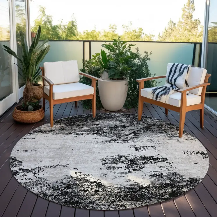 8' Black Gray And Ivory Round Abstract Washable Indoor Outdoor Area Rug
