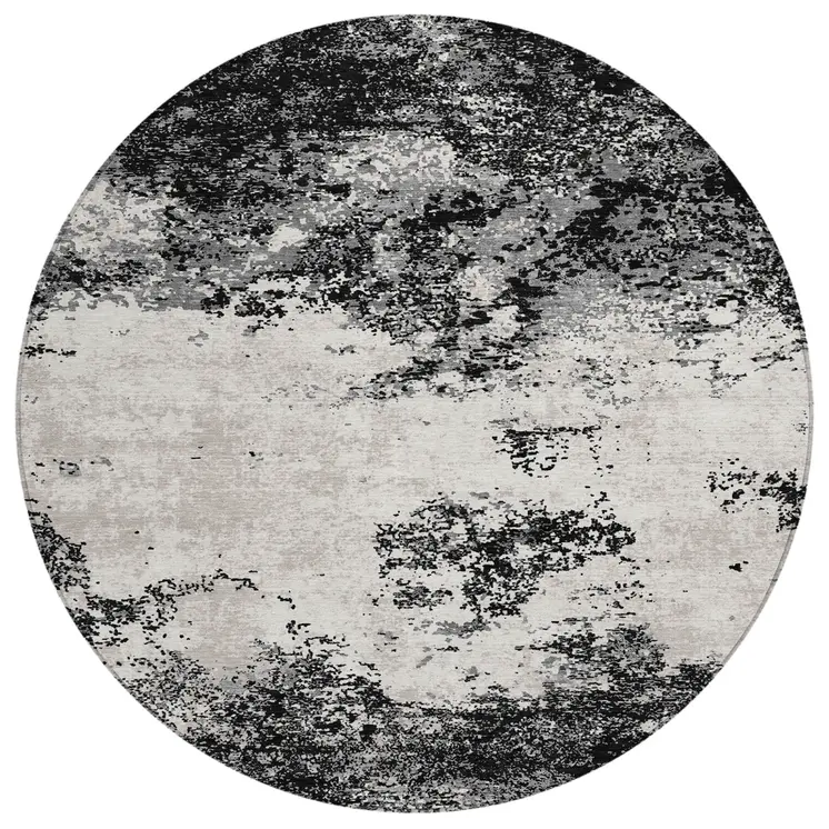 8' Black Gray And Ivory Round Abstract Washable Indoor Outdoor Area Rug