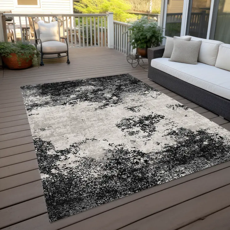10' X 14' Black Gray And Ivory Abstract Washable Indoor Outdoor Area Rug