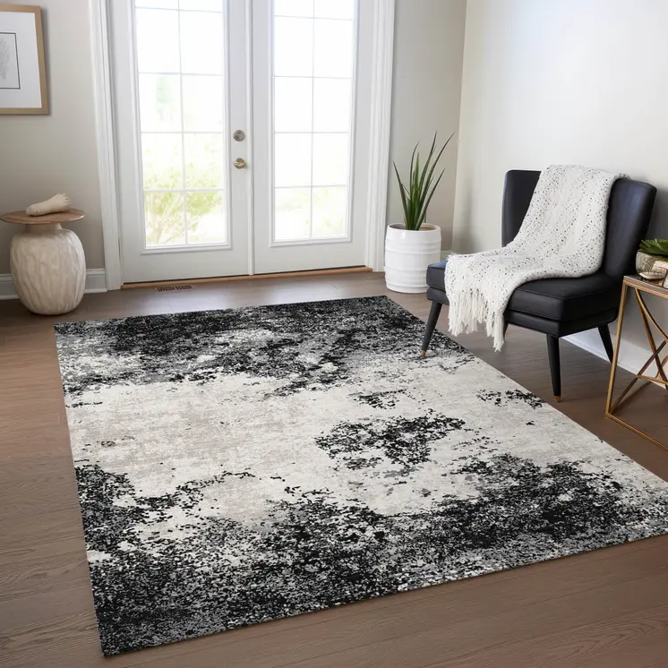 10' X 14' Black Gray And Ivory Abstract Washable Indoor Outdoor Area Rug