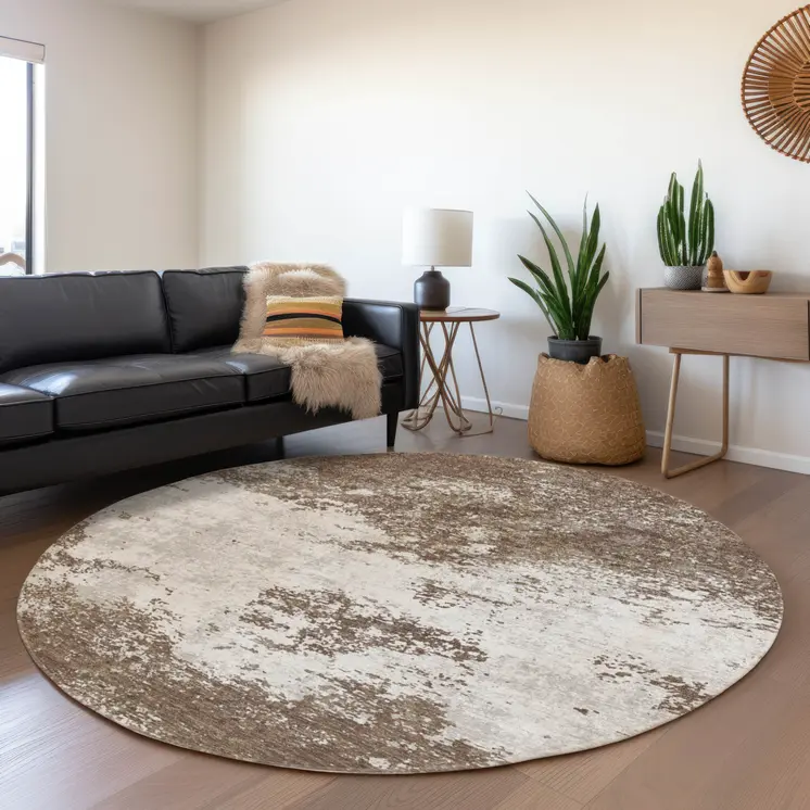 8' Brown And Beige Round Abstract Washable Indoor Outdoor Area Rug