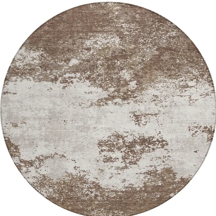 8' Brown And Beige Round Abstract Washable Indoor Outdoor Area Rug