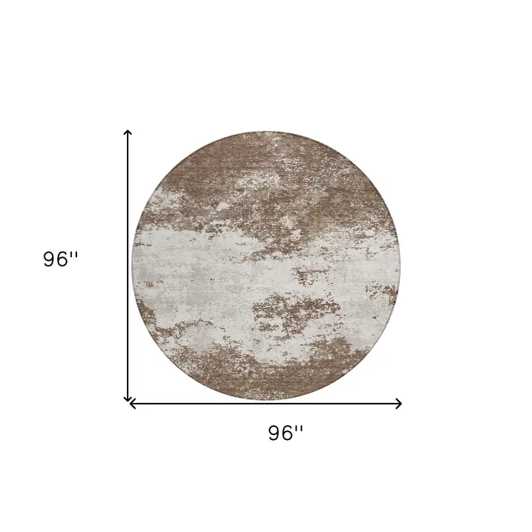 8' Brown And Beige Round Abstract Washable Indoor Outdoor Area Rug