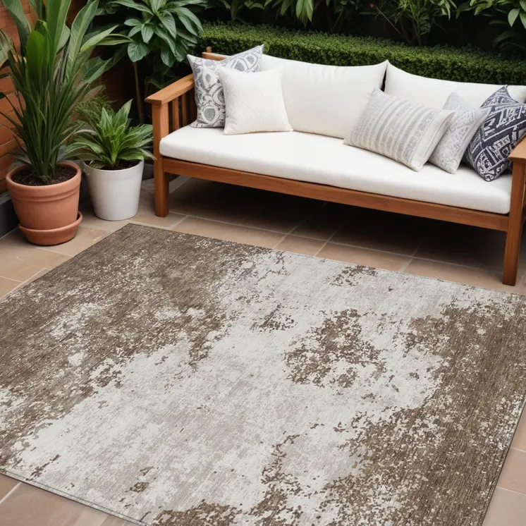 9' X 12' Brown And Beige Abstract Washable Indoor Outdoor Area Rug