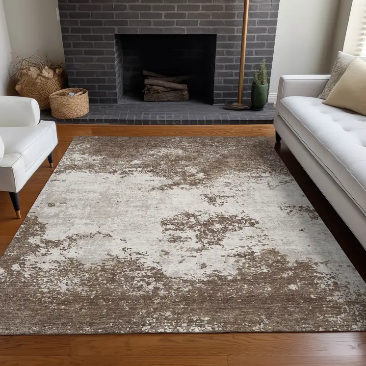 9' X 12' Brown And Beige Abstract Washable Indoor Outdoor Area Rug