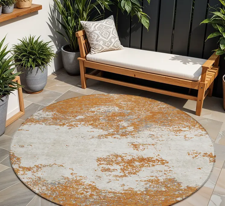 8' Copper Gray And Beige Round Abstract Washable Indoor Outdoor Area Rug