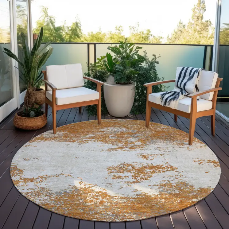 8' Copper Gray And Beige Round Abstract Washable Indoor Outdoor Area Rug