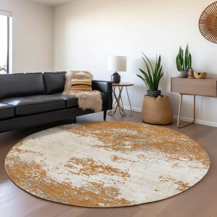 8' Copper Gray And Beige Round Abstract Washable Indoor Outdoor Area Rug