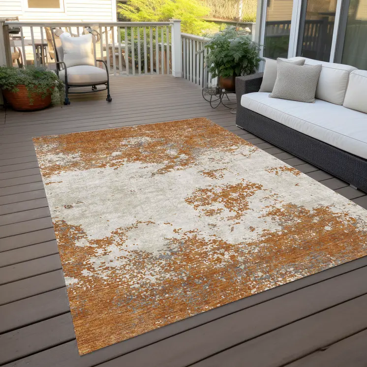 9' X 12' Copper Gray And Beige Abstract Washable Indoor Outdoor Area Rug