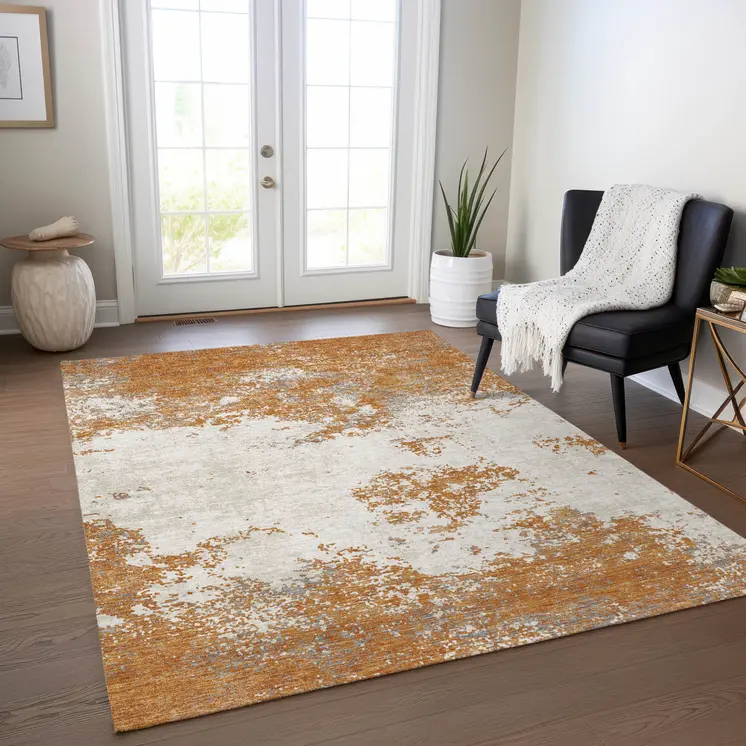 9' X 12' Copper Gray And Beige Abstract Washable Indoor Outdoor Area Rug