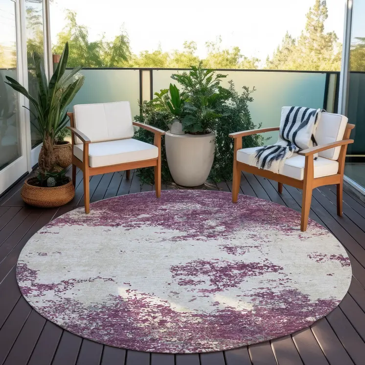 8' Eggplant Gray And Ivory Round Abstract Washable Indoor Outdoor Area Rug