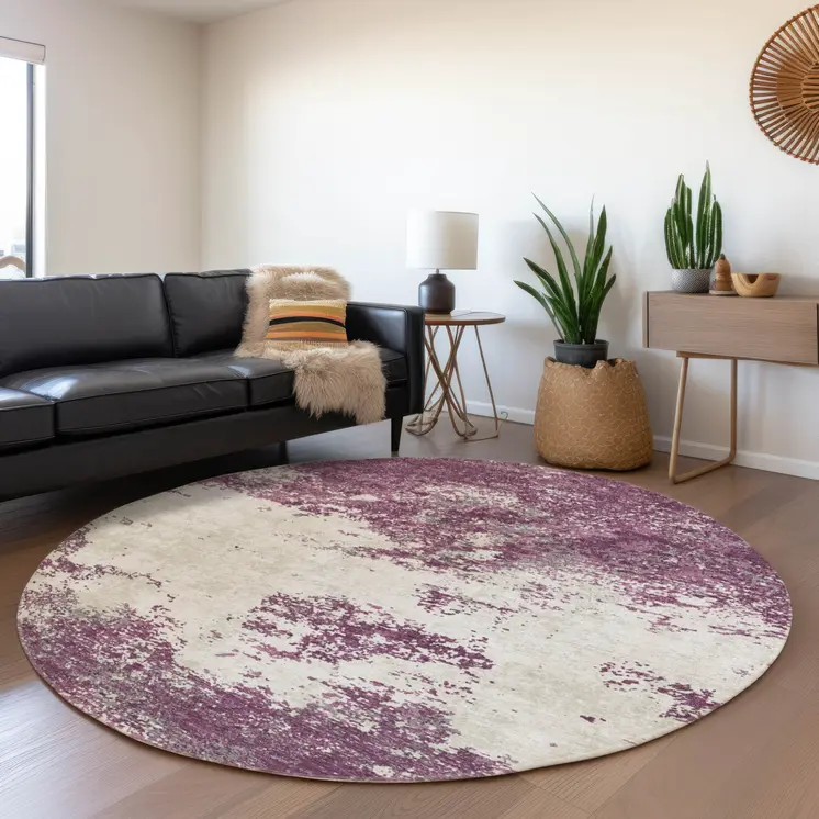 8' Eggplant Gray And Ivory Round Abstract Washable Indoor Outdoor Area Rug