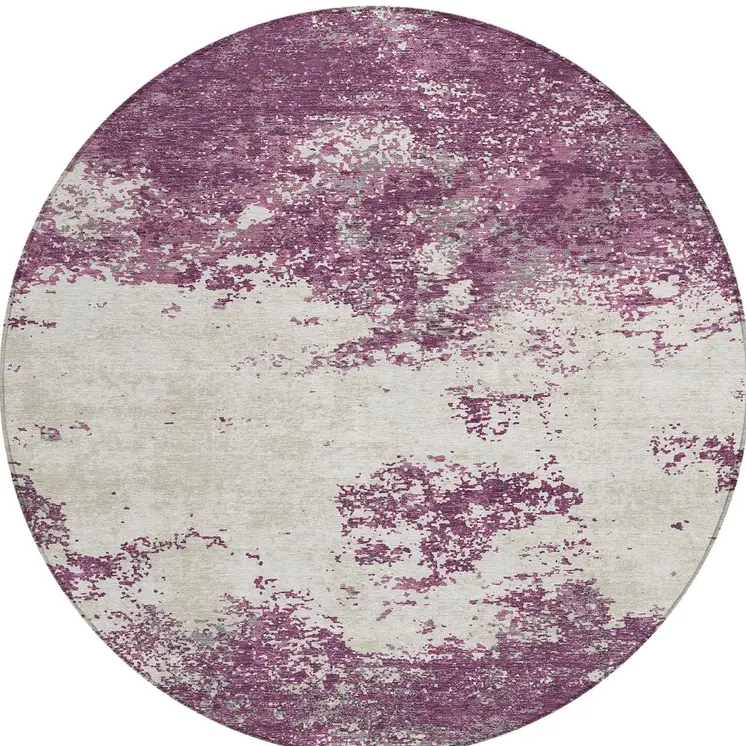 8' Eggplant Gray And Ivory Round Abstract Washable Indoor Outdoor Area Rug