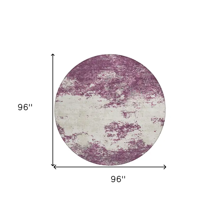 8' Eggplant Gray And Ivory Round Abstract Washable Indoor Outdoor Area Rug