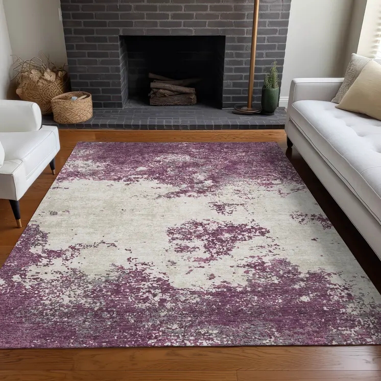 9' X 12' Eggplant Gray And Ivory Abstract Washable Indoor Outdoor Area Rug