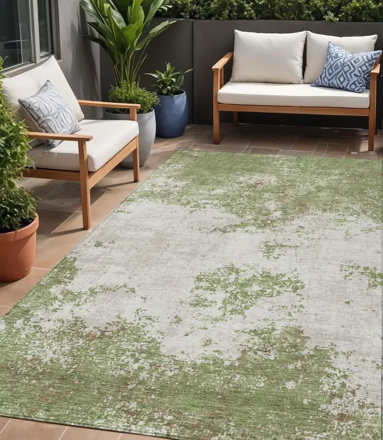 5' X 8' Green And Gray Abstract Washable Indoor Outdoor Area Rug
