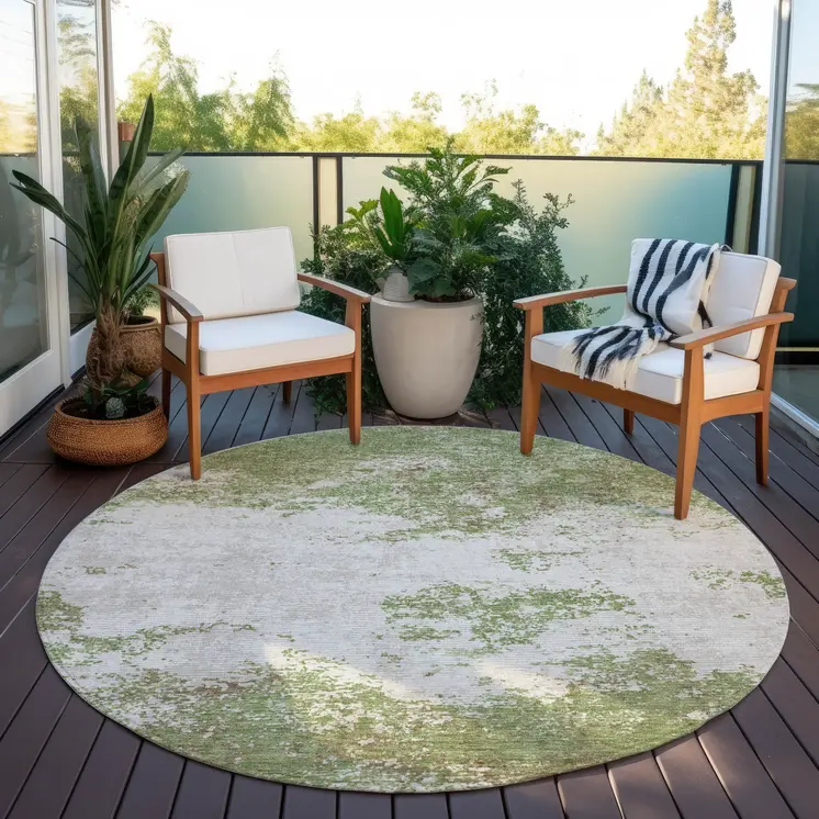 8' Green And Gray Round Abstract Washable Indoor Outdoor Area Rug