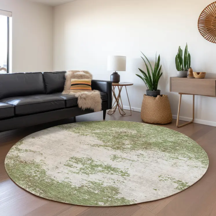 8' Green And Gray Round Abstract Washable Indoor Outdoor Area Rug