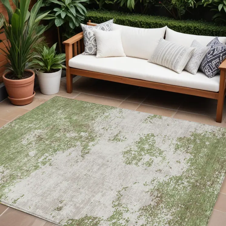 8' X 10' Green And Gray Abstract Washable Indoor Outdoor Area Rug