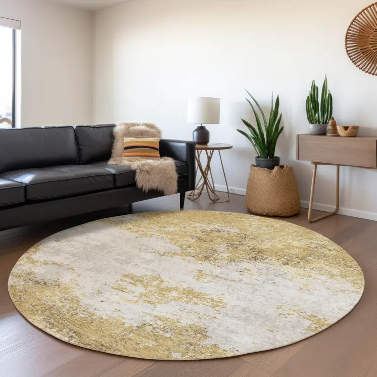 8' Gold Brown And Beige Round Abstract Washable Indoor Outdoor Area Rug