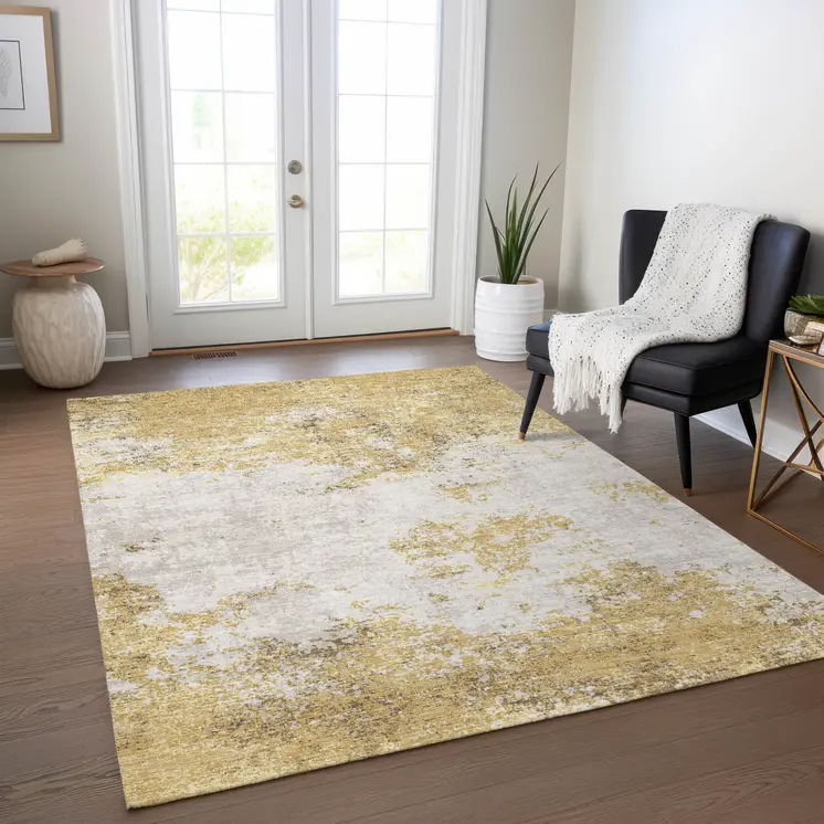 9' X 12' Gold Brown And Beige Abstract Washable Indoor Outdoor Area Rug
