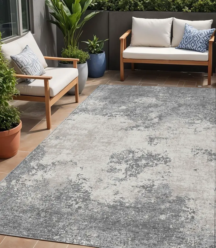 5' X 8' Gray And Beige Abstract Washable Indoor Outdoor Area Rug