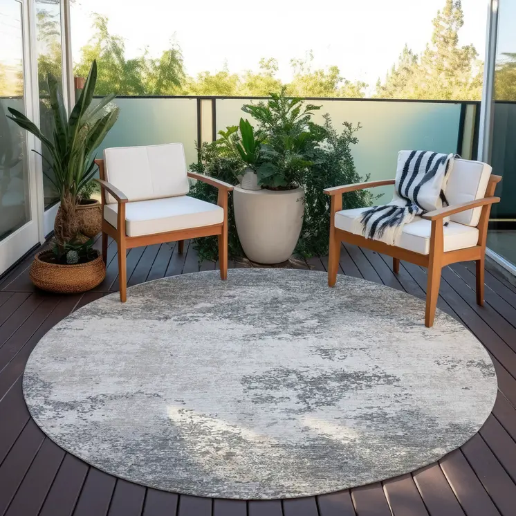 8' Gray And Beige Round Abstract Washable Indoor Outdoor Area Rug