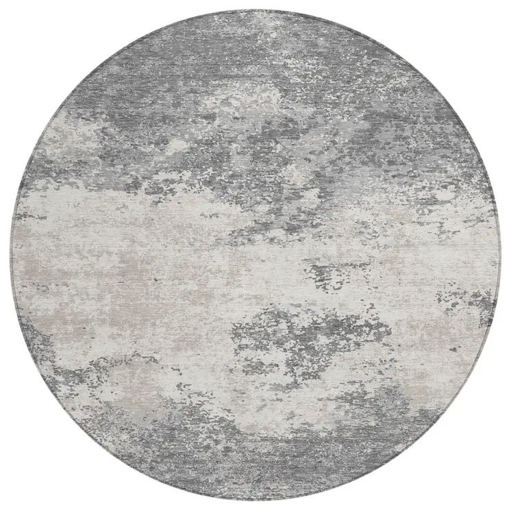 8' Gray And Beige Round Abstract Washable Indoor Outdoor Area Rug