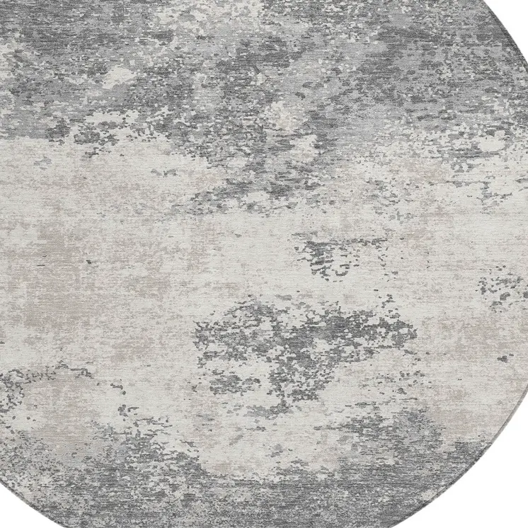 8' Gray And Beige Round Abstract Washable Indoor Outdoor Area Rug