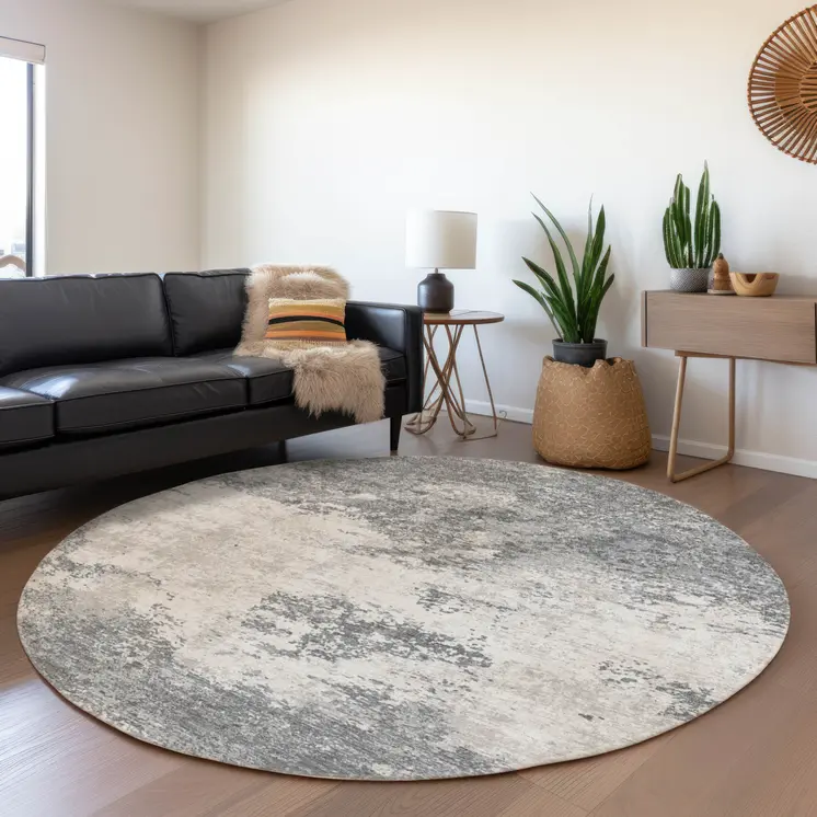 8' Gray And Beige Round Abstract Washable Indoor Outdoor Area Rug